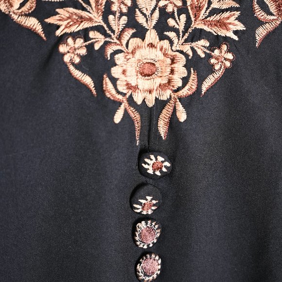 Black caftan style long dress with brown and golden beige embroidery Size M/L - Picture 2 of 6